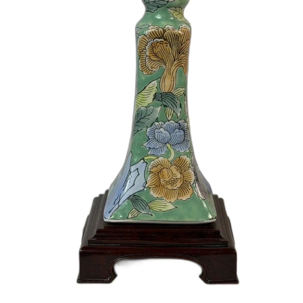 Vintage Green Floral Asian Wood Base Table Lamp Chinoserie TWO AVAIL Candlestick